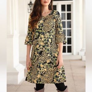NWT Reborn NY leopard print with yellow flowers ruffled bell sleeve dress szM